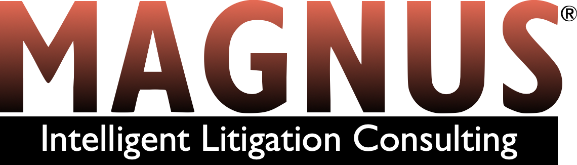 Magnus logo with gradient red word 'MAGNUS' and white subtitle 'Intelligent Litigation Consulting' on a black background.