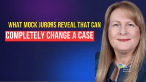 Video thumbnail: smiling woman on the right with bold yellow and red text reading 'What mock jurors reveal that can completely change a case' on a dark blue gradient background.